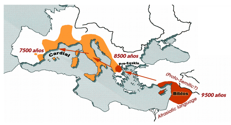 Mapa de la expansión de la cerámica cardial (años antes del presente) desde Asia Menor