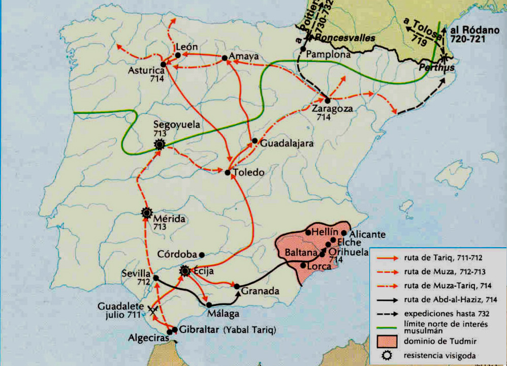 Mapa de la conquista musulmana de la Hispania visigoda