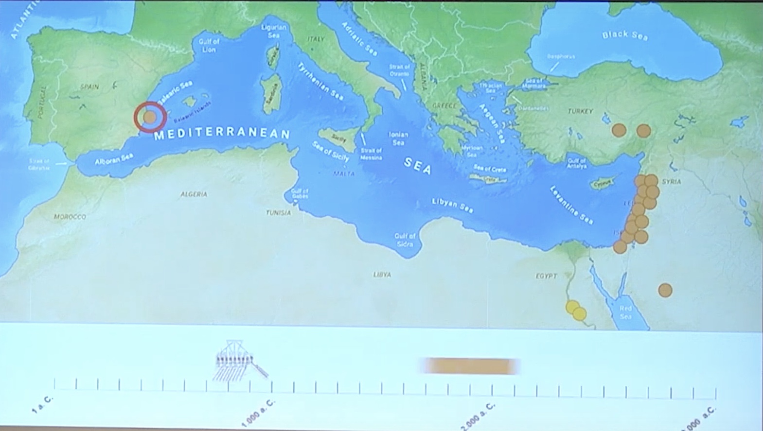 MAPA 1. Muestra la concentración de hallazgos de las hachas en el Mediterráneo Oriental y su lejanía de Dénia