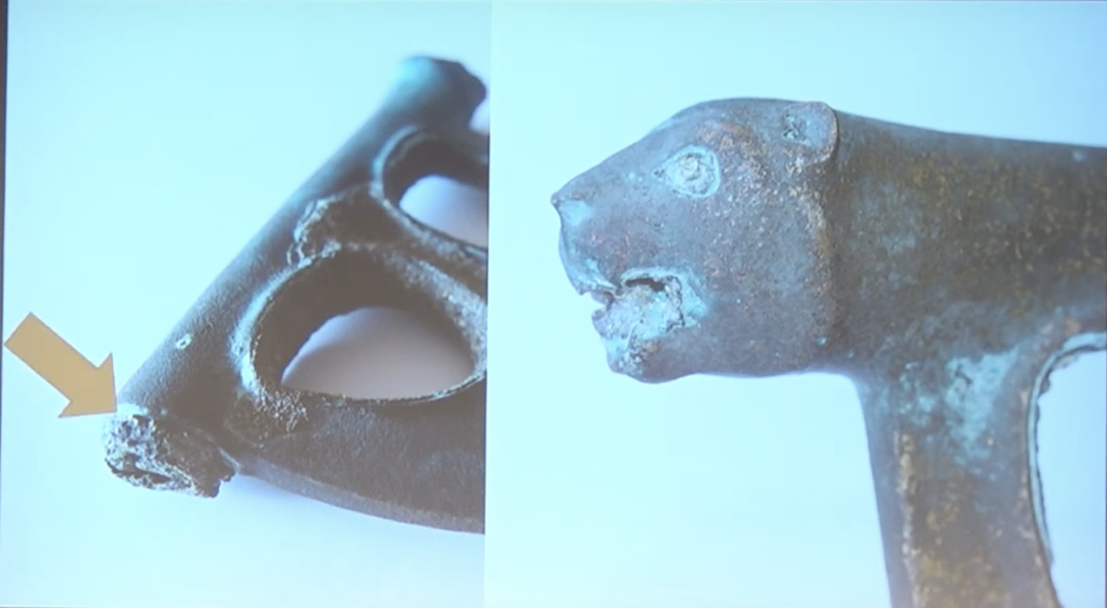 Detalles del vestigio: a la izquierda donde se encontraba la lámina de oro y a la derecha la cabeza de león - lamarinaplaza.com