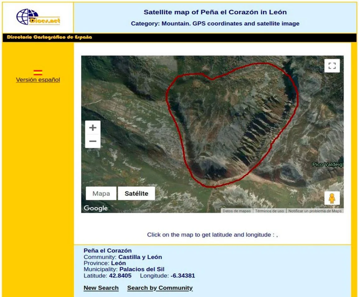Figura 2. Foto satelital de la Peña El Corazón, Palacios del Sil, León. Fuente: dices.net
