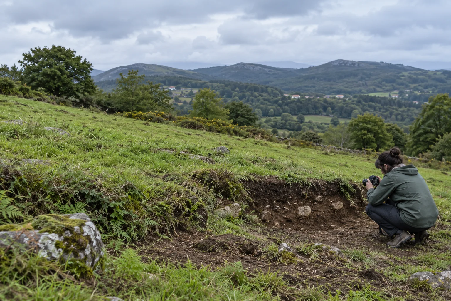 Una arqueóloga fotografía un perfil de tierra en una ladera verde, ilustración generada con IA.