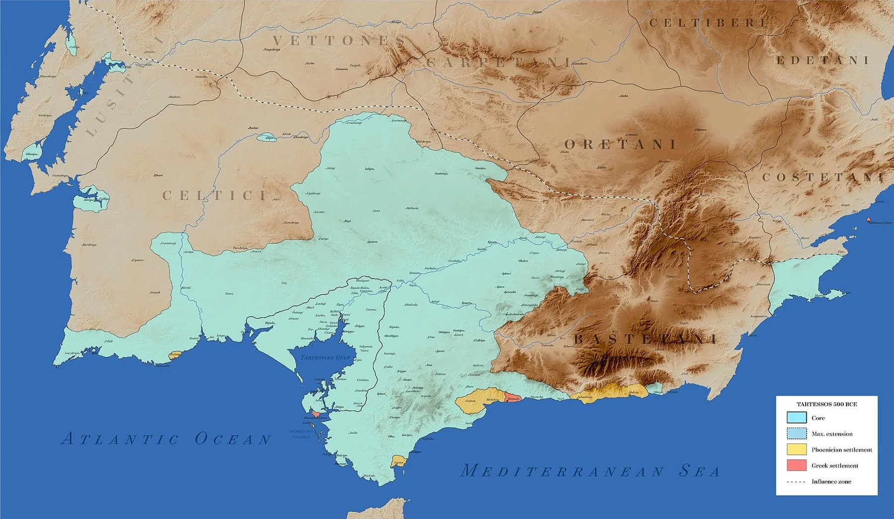 Máxima expansión y zonas de influencia de la cultura tartésica - Fuente: Wikipedia / Lanoyta