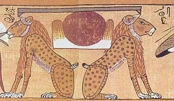 El símbolo de Ajet o  Akhet en el "antiguo papiro de Ani", British Museum