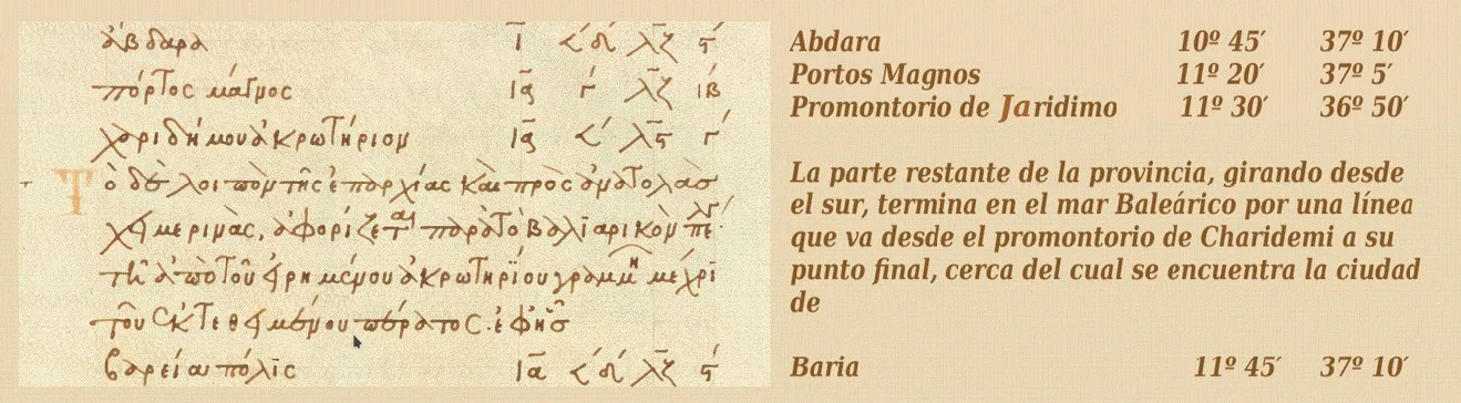 Códice bizantino de la Geografía de Ptolemeo, Burney 111 (s. XIII). Ciudades costeras desde el poniente almeriense hasta el Cabo de Gata (Promontorio Jaridimo)