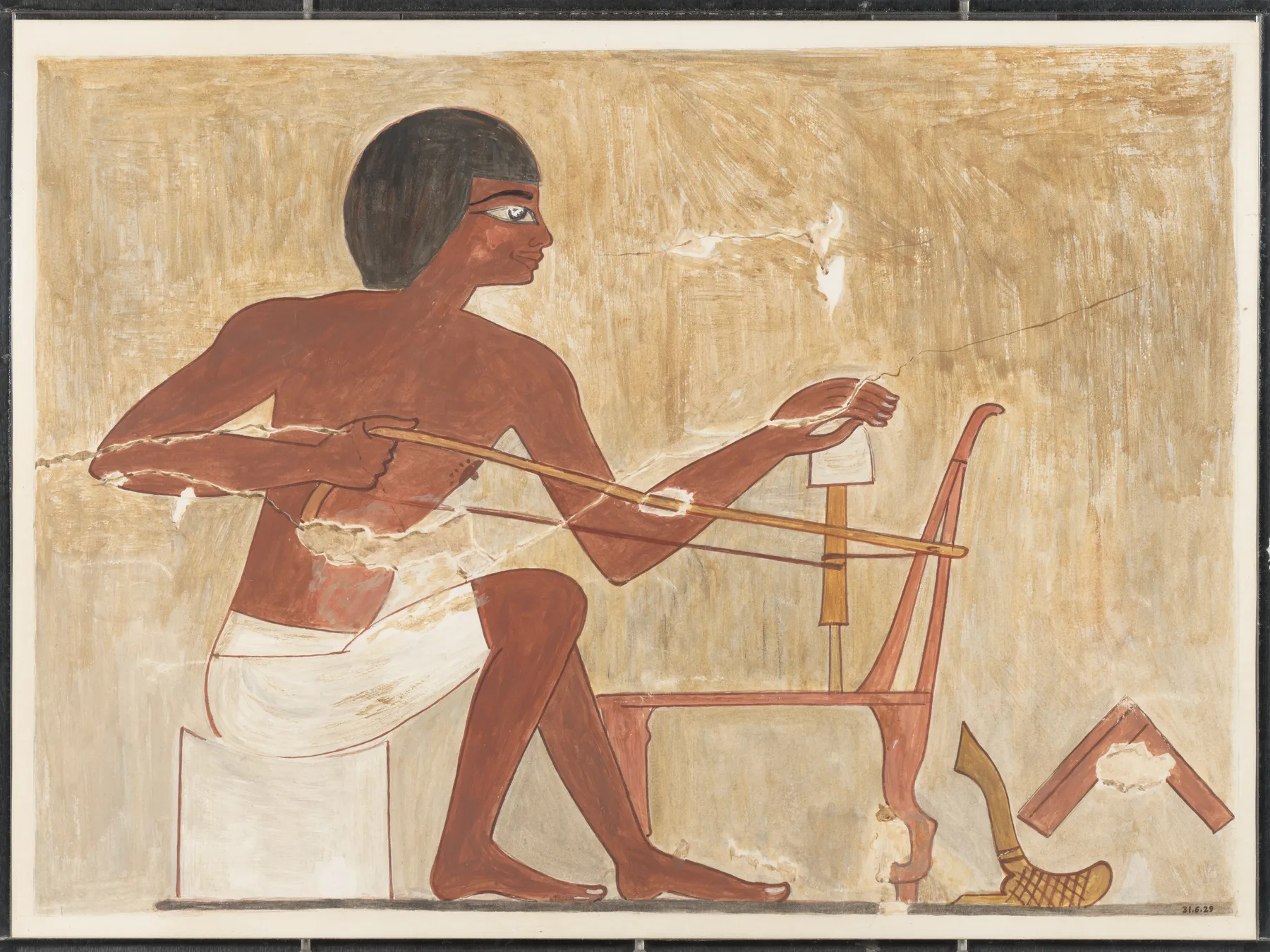 Facsímil de una pintura de la tumba de Rekhmire con un artesano que utiliza un taladro de arco.