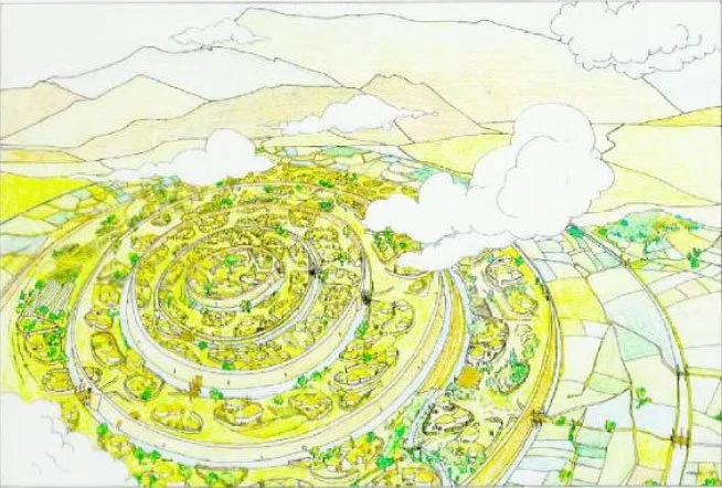 Reconstrucción ideal de la ciudad calcolítica de Marroquíes Bajos por Narciso Zafra. Obsérvense las distintas líneas de muralla con más de 100 bastiones calculados
