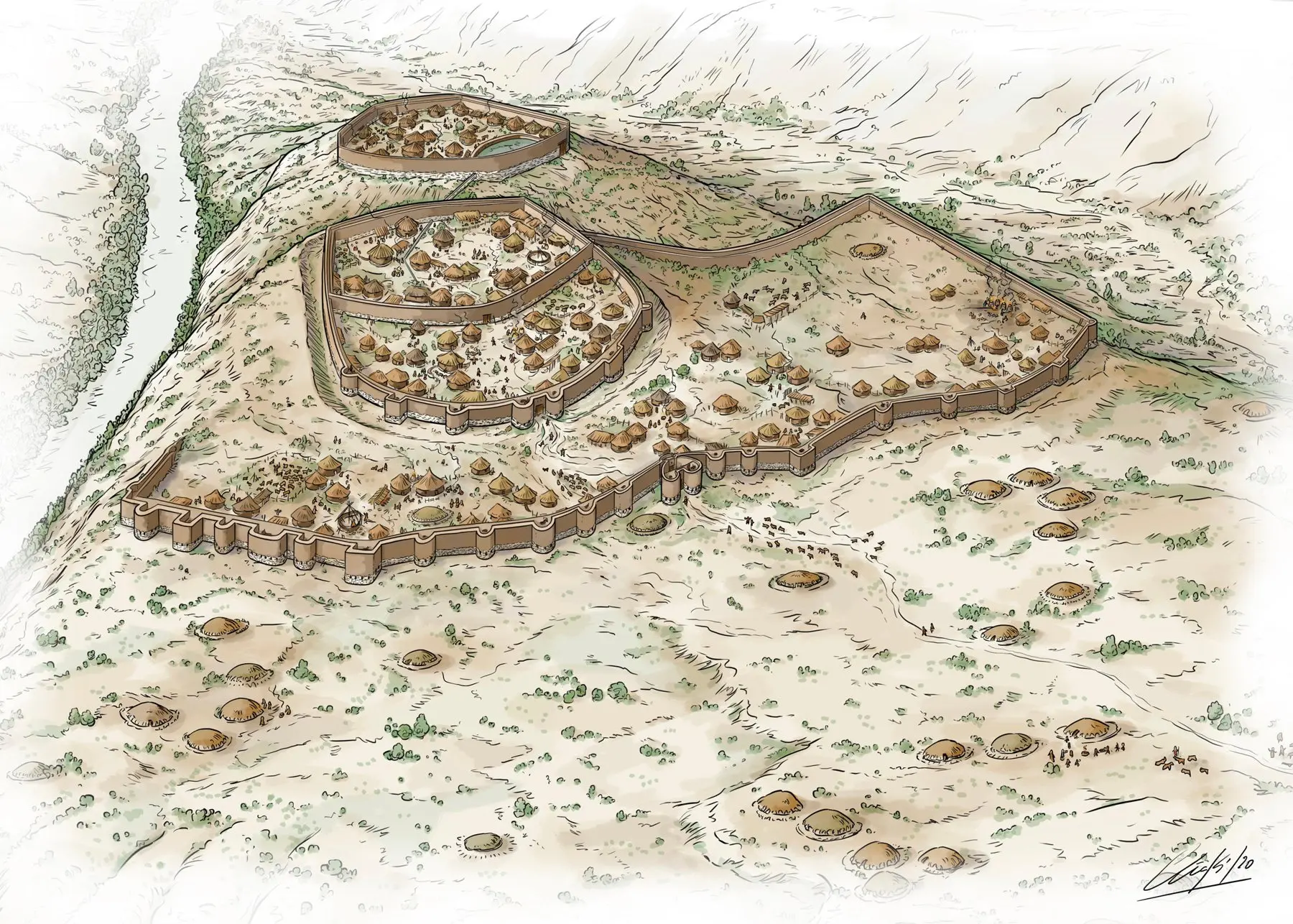 Ilustración del poblado de Los Millares a cargo de Iñaki Dieguez Uribeondo. Cortesía de D. Gonzalo Aranda