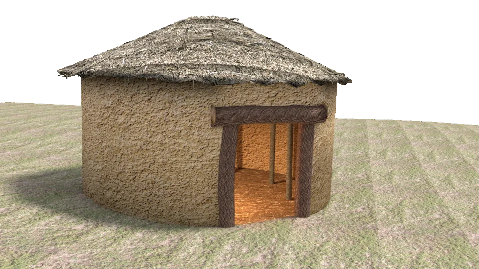 Reconstrucción 3D de una cabaña circular de Marroquíes Bajos. Fuente: Estela Pérez