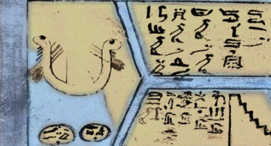 Uno de los ochos mapas primigenios del Imperio Medio (dinastía XII) de las "fértiles regiones insulares paradisíacas del Hetep y el Amenti", en los dominios occidentales de la región del Ocaso y reino de Osiris, Atum, y Schu, entre otras divinidades primigenias