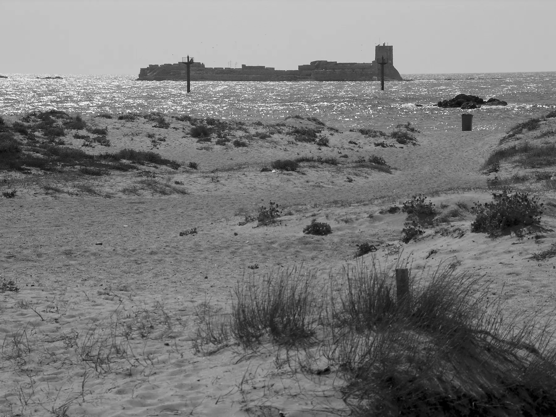 Playa de Sancti Petri con el islote al fondo; fotografía contextual del litoral gaditano.