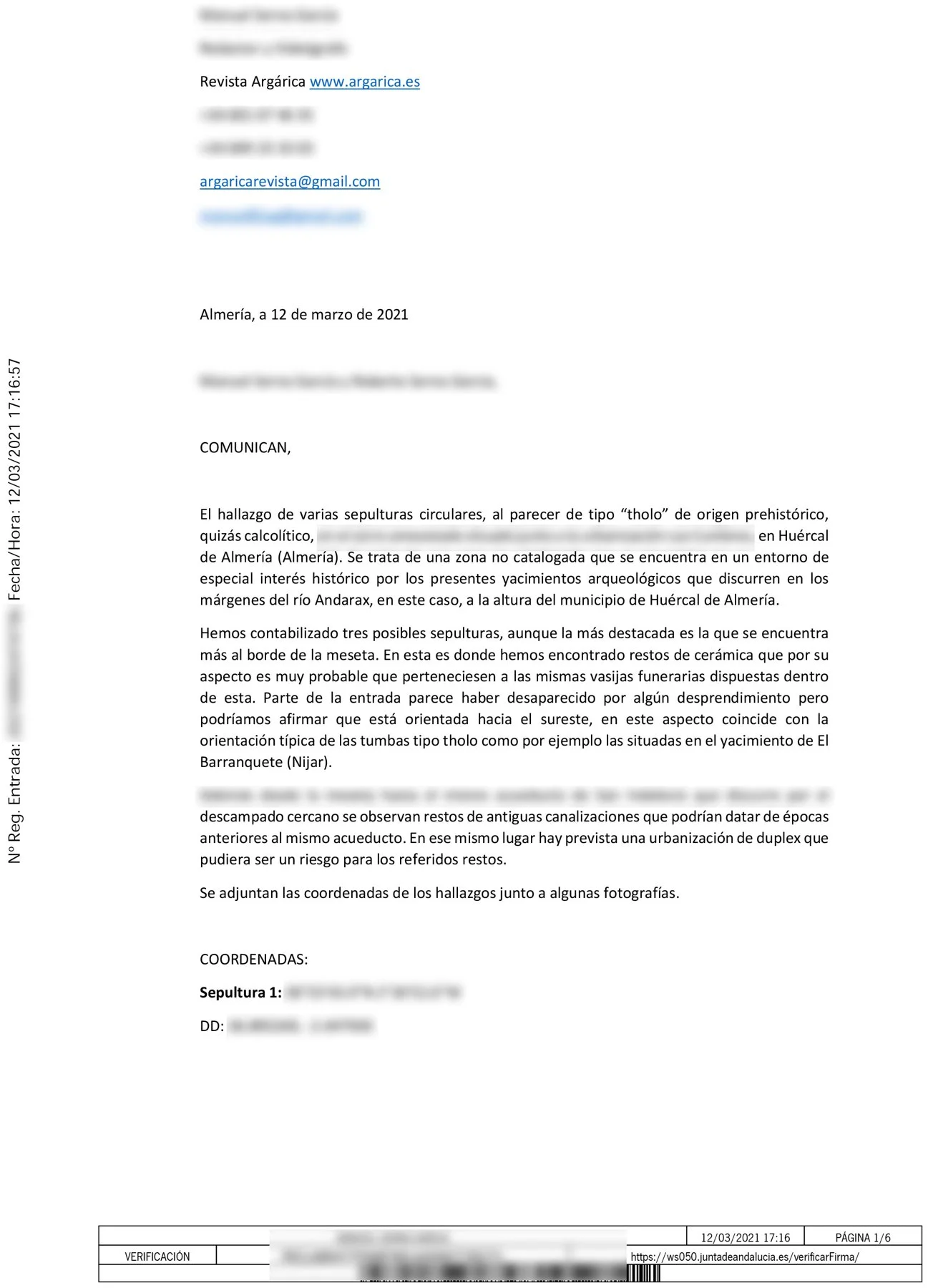 Comprobante del registro telemático del descubrimiento en la web de la Conserjería de Cultura y Patrimonio de la Junta de Andalucía