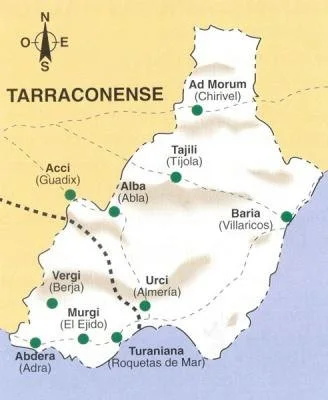 Principales poblaciones de la provincia de Almería en el siglo III con las calzadas descritas en el "Itinerario Antonino". Estaría dividida entre la Bética y la Tarraconense.