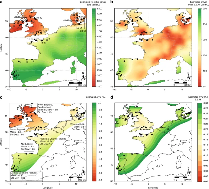 Mapas científicos de la expansión del Neolítico y de las señales químicas de grasas en cerámicas de Europa atlántica