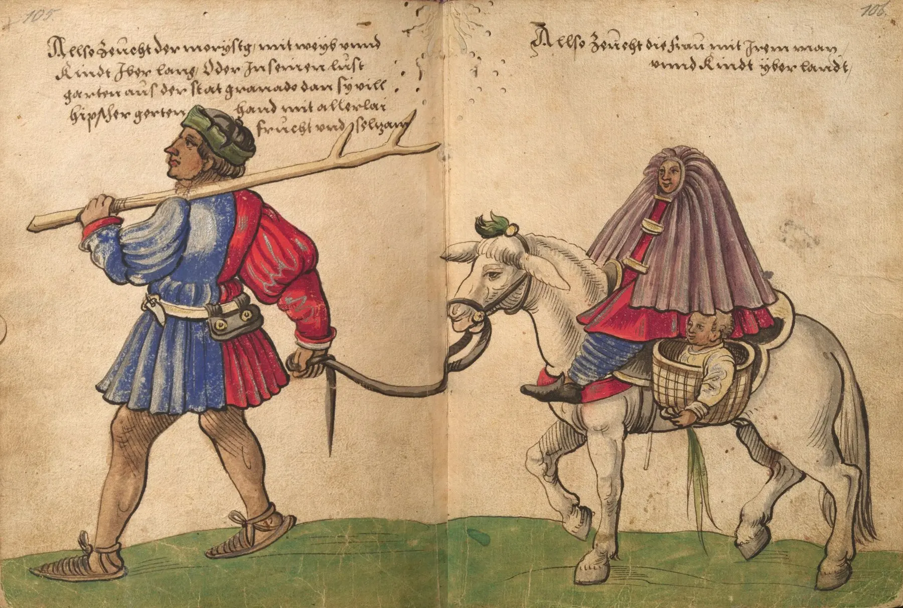"Moriscos del reino de Granada, dando un paseo por el campo con mujeres y niños" - Dibujo de Christoph Weiditz (1529)