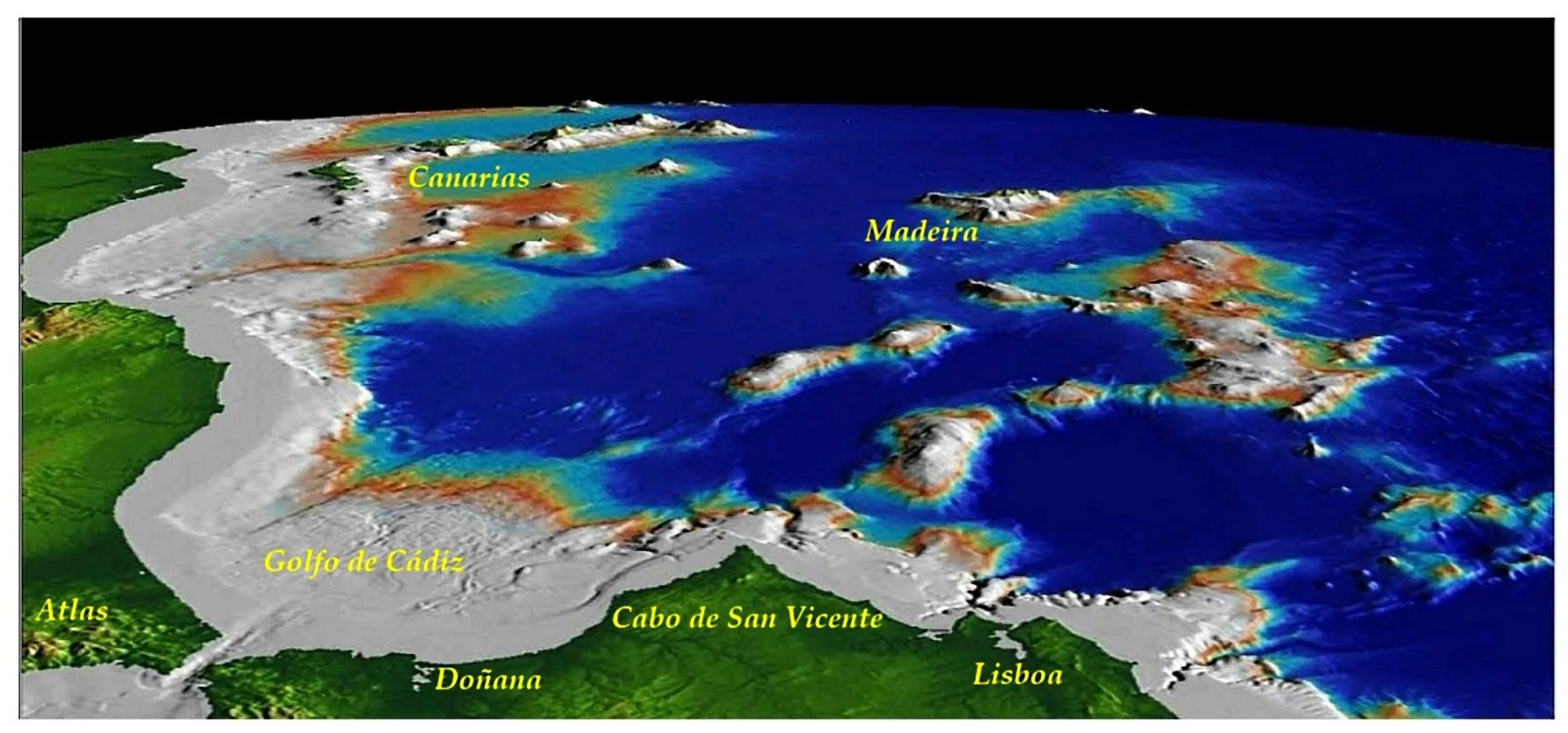 Área geográfica con detalle del fondo oceánico propuesta por Georgeos Díaz-Montexano como el lugar descrito por Platón para el emplazamiento de el archipiélago de Atlantis, según los apuntes que su tío-pentabuelo Solón había tomado de los sacerdotes egipcios. - Cortesía de Georgeos Díaz-Montexano