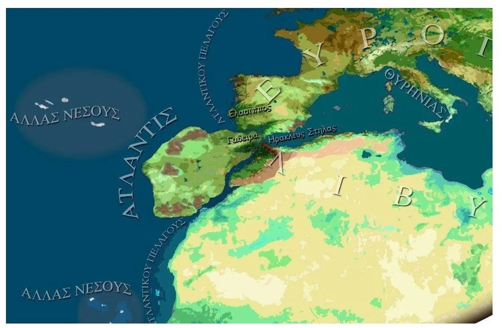 Reconstrucción paleogeográfica de una de las hipótesis interpretativas del autor sobre el aspecto, localización y dimensión que pudo haber tenido la Atlántida, según lo que claramente (sin tergiversación alguna), ta cual, se describe en el Timeo y el Critias de Platón, entre otras fuentes primarias antiguas, incluso ajenas a la tradición platónica.