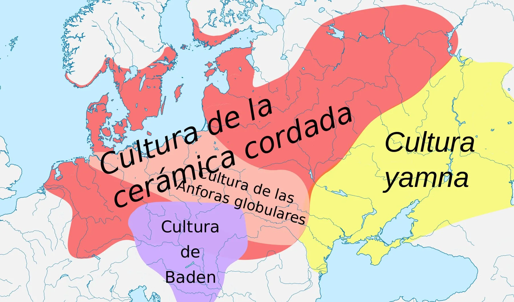 Mapa que muestra la extensión aproximada de la cultura Yamna (esteparia) entre el 3200 y 2300 a. C. Se mencionan la cultura de la cerámica encordelada (donde nace el campaniforme oriental) , cultura del ánfora globular y la cultura de Baden. Fuente: Sir Henry/Wikipedia