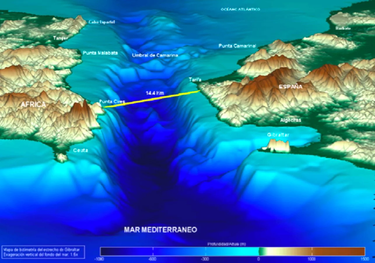 Batimetría del estrecho de Gibraltar en 3D con exageración vertical del fondo del mar. Se pueden apreciar el Umbral de Camarinal y el Umbral de Espartel como zonas más elevadas y posibles "puentes terrestres" durante el Pleistoceno. Calero Quesada, Mª. C.; Sánchez Garrido, J. C.; Gar-cía Lafuente, J - Revista Atlántica-mediterránea UCA