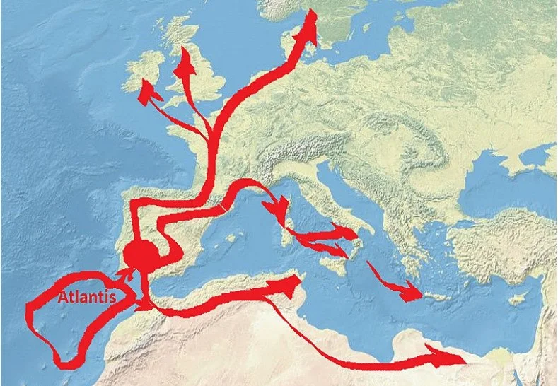 Expansión del Megalitismo y del Vaso Campaniforme con foco de origen en el suroeste de Iberia. Hipótesis del origen Atlante, propuesta por Georgeos Díaz-Montexano en Arte rupestre Mundial. Monográfico de Arqueología Sin Fronteras, 1997