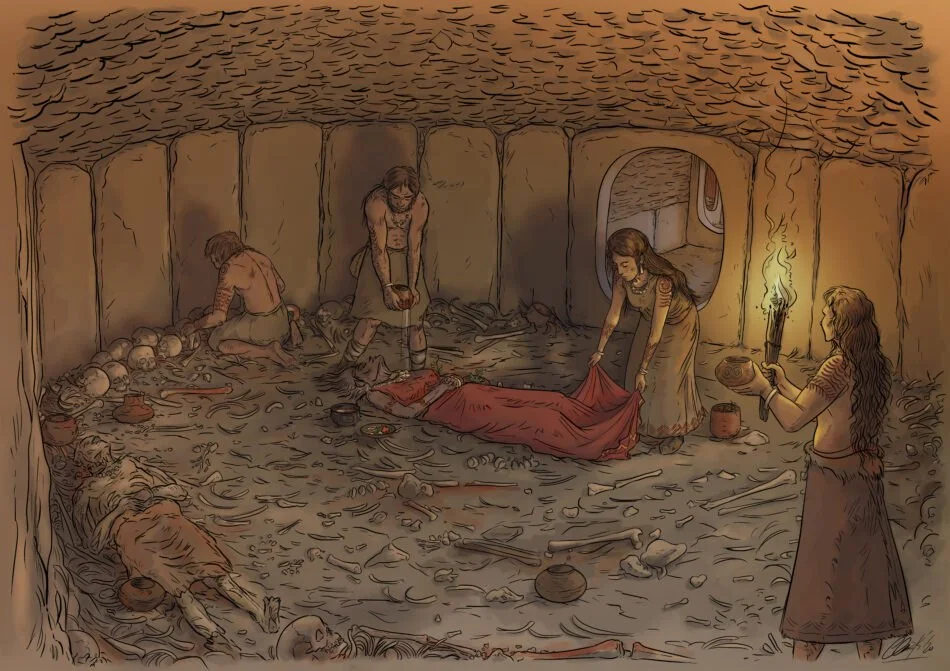 Interior de un Tholo de Los Millares. Ilustración de Iñaki Dieguez