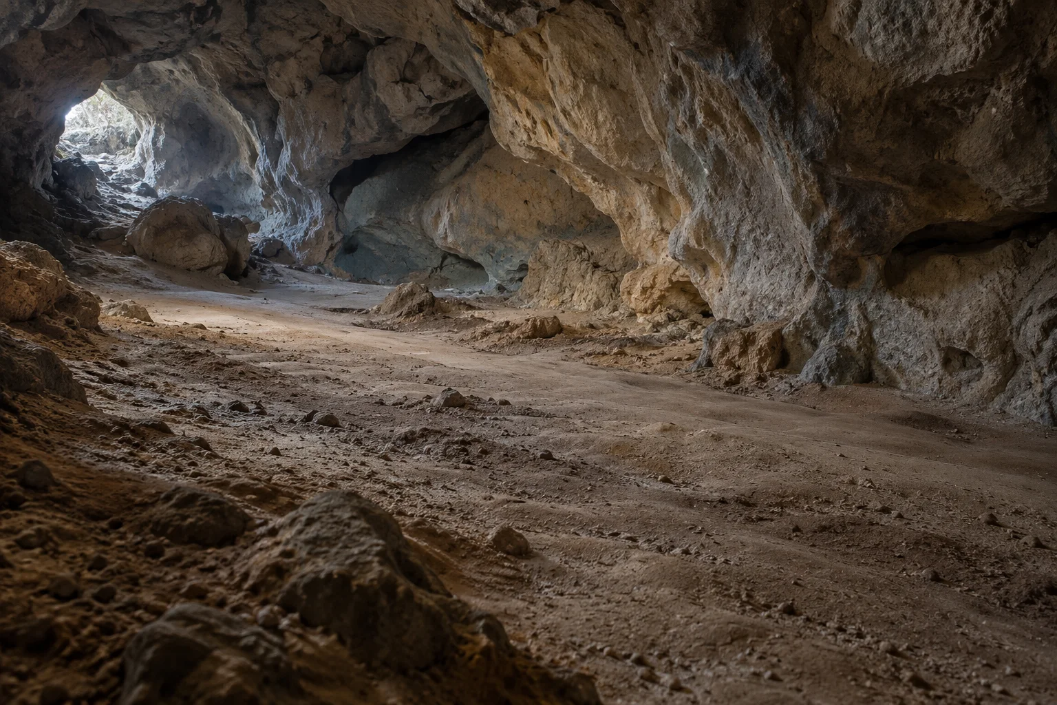 Interior vacío de una cueva caliza iluminada por luz natural desde su entrada, ilustración generada con IA.