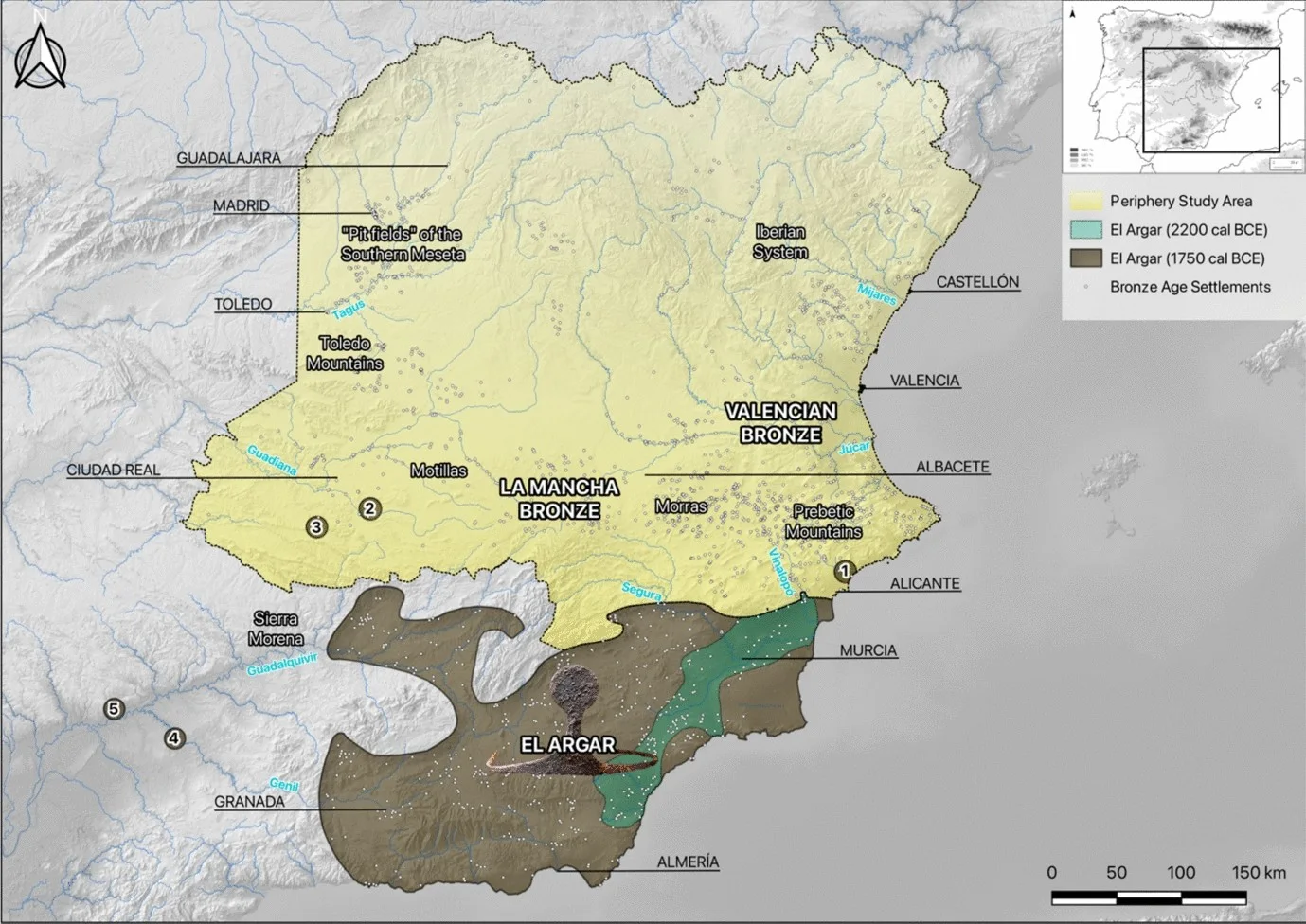 Mapa del sureste de la península Ibérica con el territorio de El Argar y el área central y oriental estudiada al norte.
