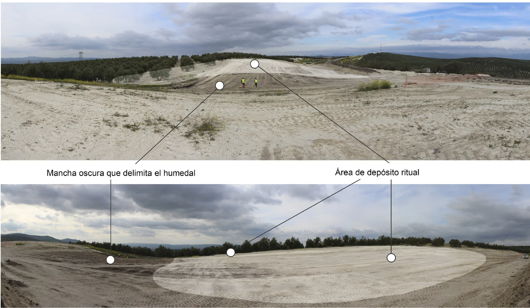 Dos vistas panorámicas de Haza del Rayo con las áreas del humedal y del santuario señaladas