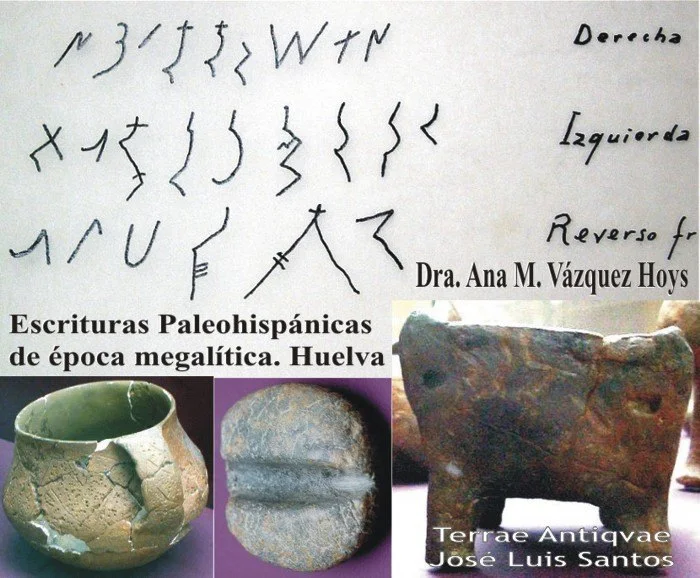 Inscripciones "megalíticas" documentadas por Ana M. Vazquez Hoys en Huelva que Diaz-Montexano considera "paleofenicias o cananeas". Fuente: Web de Ana M. Vázquez Hoys