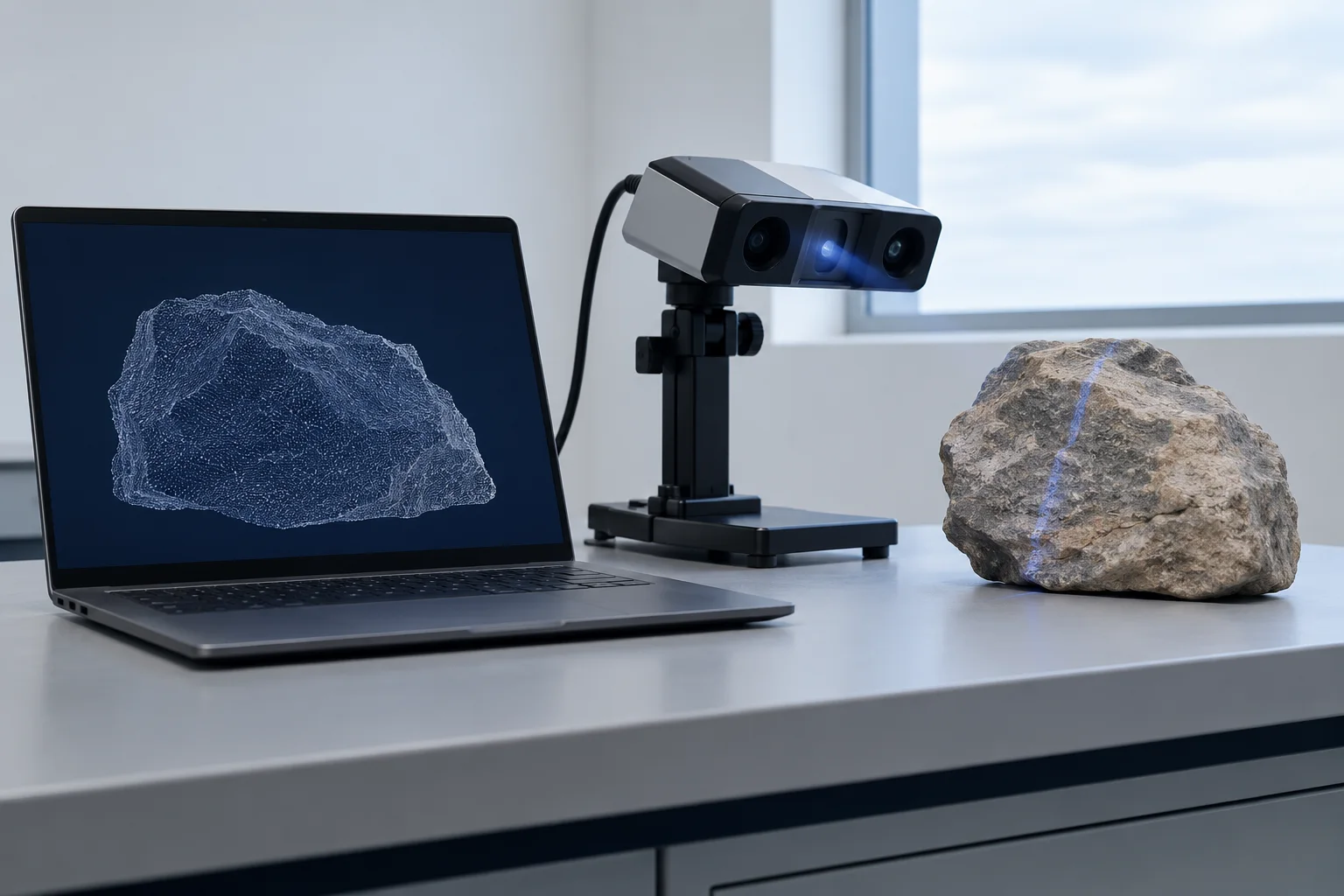 Un portátil y un escáner documentan una piedra sin grabados en un laboratorio, ilustración generada con IA.