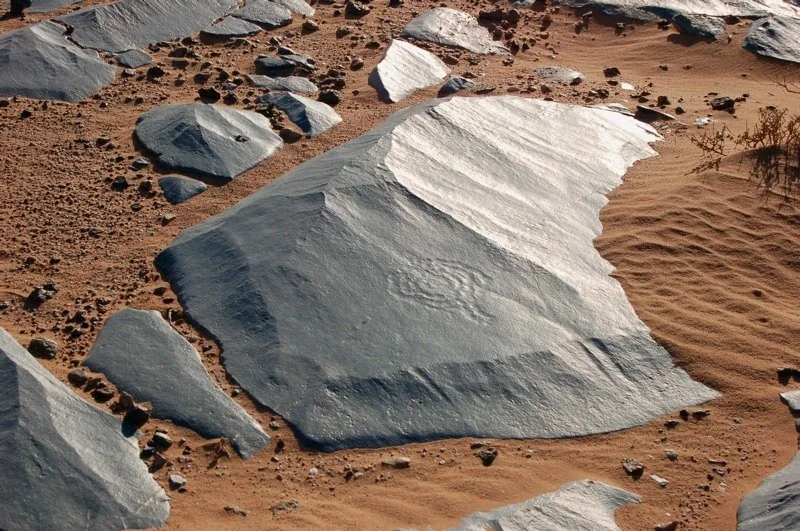 Petroglifos de círculos concéntricos con canal central al Oeste y Sur de Smara, Sahara marroquí